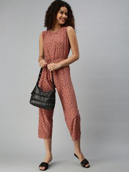 SHOWOFFFF - Women Brown Floral Round Neck Sleeveless Jumpsuit