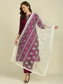 Dupatta Bazaar - Womens Lucknowi Embroidered Off White Net Dupatta
