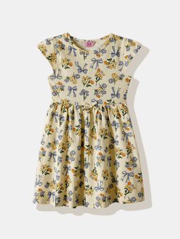 R&B - Cream Cap Sleeves Floral Printed Dress