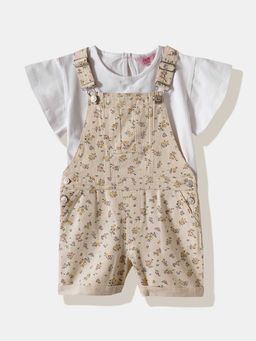 R&B - Beige Printed Regular Girls Dungarees