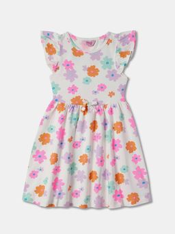 R&B - White Floral Printed Ruffled Sleeves Dress