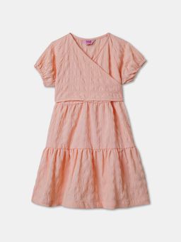 R&B - Peach Half Sleeves Textured Mock Wrap Dress