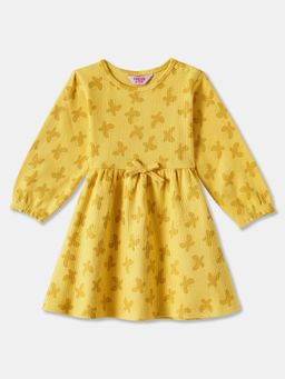 R&B - Yellow Full Sleeves Printed Knee Length Dress