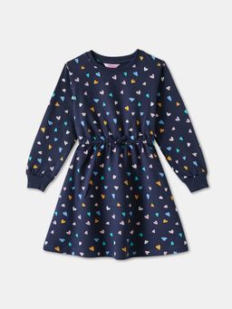 R&B - Navy Blue Full Sleeves Printed Regular Girls Dress