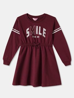 R&B - Burgundy Typography Printed Full Sleeves Dress