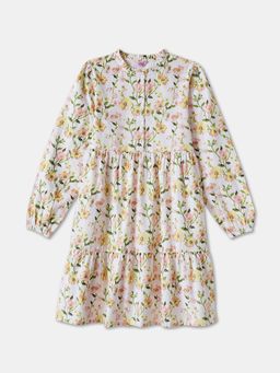 R&B - White Floral Printed Regular Girls Dress