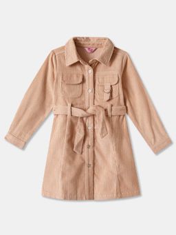 R&B - Beige Textured Regular Girls Shirt Dress with Belt