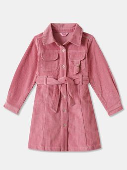 R&B - Pink Textured Regular Girls Shirt Dress with Belt
