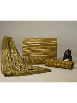 HANDME - Olive Hand Block Print Cotton Unstitched Dress Material (Set of 3)