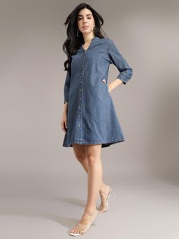 Xpose - Women Blue A-Line Above Knee Denim Dress