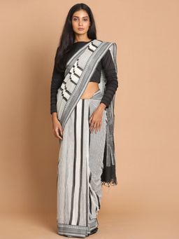 Indethnic - White Stripes Pure Cotton Saree with Unstitched Blouse