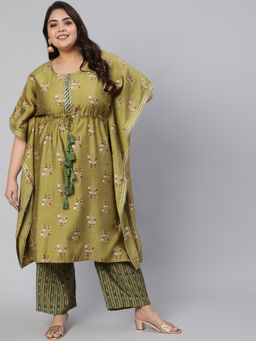 Jaipur Kurti - Women Green Chanderi Printed Kaftan With Pants (Set of 2)