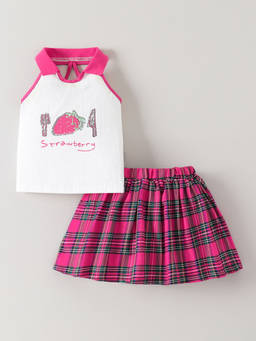 Hopscotch - Textured Blouse And Plaid Skirt