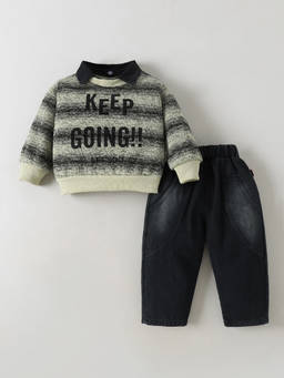 Hopscotch - Striped Sweatshirt And Jeans Set