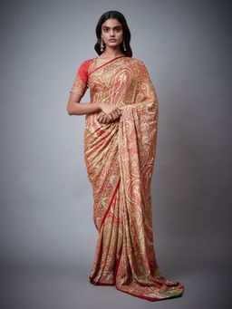 RI.Ritu Kumar - Red and Beige Dress Jamawar Printed Saree With Unstitched Blouse