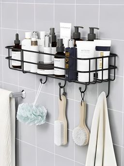 UMAI - Gi Steel Self-Adhesive Multipurpose Bathroom Shelf with Hooks, Black