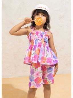 Hopscotch - Floral Smocking Bow Applique Top And Shorts