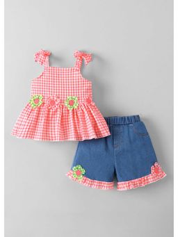 Hopscotch - Checkred Floral Applique Top And Shorts