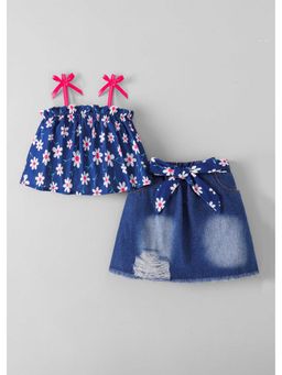 Hopscotch - Floral Bow Applique Top And Skirt With Belt