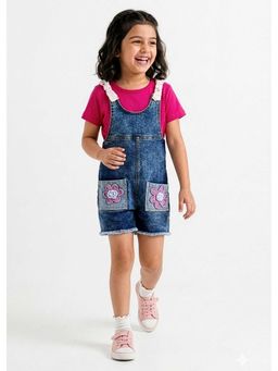 Hopscotch - Floral Crochet Denim T-Shirt And Dungaree