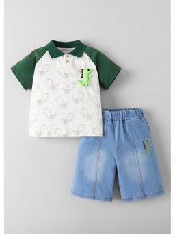 Hopscotch - Dino Embroidery Denim Polo T-Shirt And Shorts