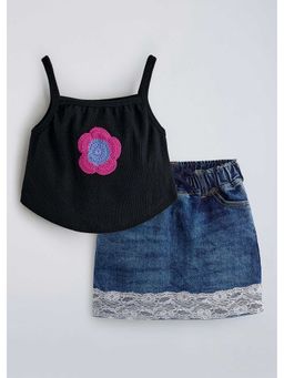 Hopscotch - Floral Crochet Applique Denim Top And Skirt