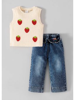 Hopscotch - Strawberry Applique Embroidery Top And Jeans