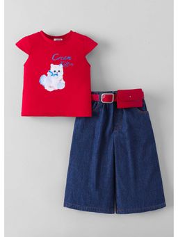 Hopscotch - Kitty Cat Sleeves Top And Jeans With Waist Belt