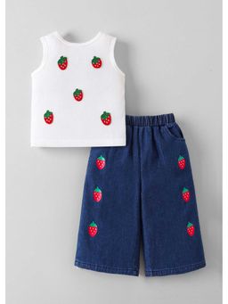 Hopscotch - Strawberry Embroidery Denim Top And Jeans