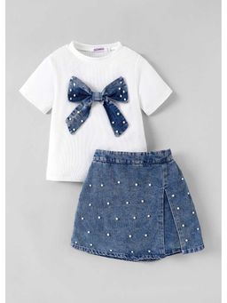 Hopscotch - Pearl Applique Denim T-Shirt And Skorts With Bow
