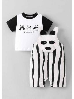 Hopscotch - Panda Applique Striped T-Shirt And Dungaree