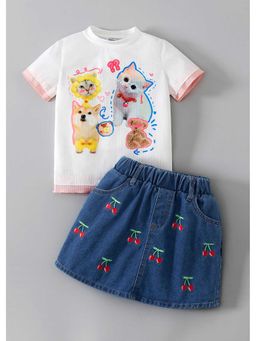 Hopscotch - Cherry Printed Kitten T-Shirt And Skirt