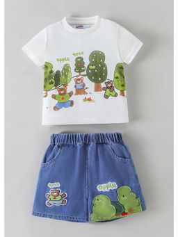 Hopscotch - Teddy Printed T-Shirt And Denim Shorts