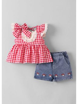 Hopscotch - Checkered Lacing Ruffled Top And Shorts