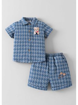 Hopscotch - Houndstooth Bear Embroidered Shirt And Shorts