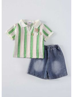 Hopscotch - Textured Striped Polo T-Shirt And Denim Shorts