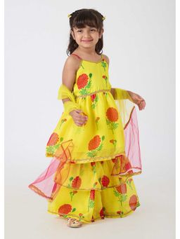 Hopscotch - Floral Lace Cotton Kurta And Sharara With Dupatta
