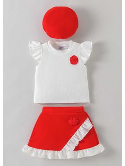 Hopscotch - Rose Applique Ruffled Top And Skirt With Hat