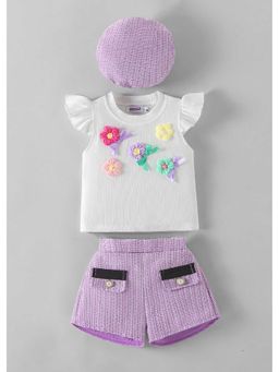 Hopscotch - Floral Applique Ruffled Top And Shorts With Hat