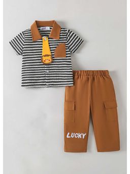 Hopscotch - Lion Applique Striped Shirt And Pant With Tie
