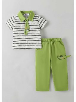 Hopscotch - Crocodile Applique Striped Shirt And Pant With Tie