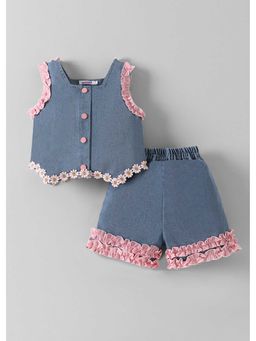 Hopscotch - Floral Applique Denim Top And Shorts