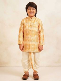 AJ Dezines - Yellow Rich Print Silk Blend Kurta And Dhoti
