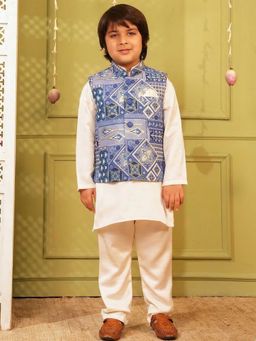 AJ Dezines - Dark Blue Printed Cotton Blend Kurta Pyjama And Nehru Jacket
