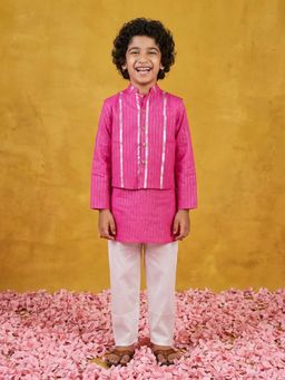 AJ Dezines - Pink Lurex Work Cotton Kurta Pyjama And Nehru Jacket