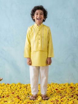AJ Dezines - Yellow Lurex Work Cotton Kurta Pyjama And Nehru Jacket