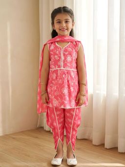 AJ Dezines - Pink Cotton Sleeveless Floral Print Kurta Dhoti And Dupatta