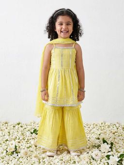 AJ Dezines - Yellow Lurex Work Cotton Kurta Sharara And Dupatta