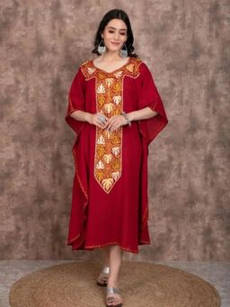 Kashmir Box - Floral Embroidered Kimono Sleeve Midi Kaftan