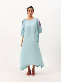Kashmir Box - Women Round Neck Kimono Sleeve Embroidered Maxi Kaftan